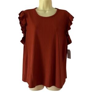 Time and Tru Rust Brown Ribbed Knit Top Ruffle Sleeve Women’s Size XXL (20)